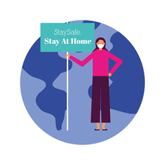 woman with stay at home banner and world planet earth