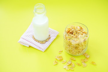 Healthy Breakfast cereal and milk on the table