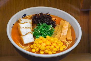 Fake japanese ramen soup bowls presentation