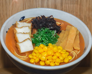 Fake japanese ramen soup bowls presentation