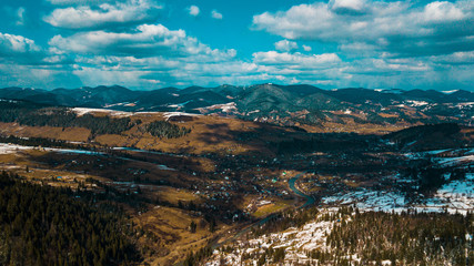Carpathian mountain range panorama winter aerial view beautiful view
