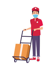 delivery worker with face mask and box in cart