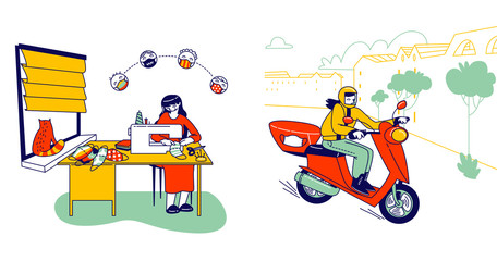 Female Character Volunteer Sewing Medical Masks at Home and Delivering to People on Scooter during Coronavirus Pandemic. Home Made Diy Protective Mask against Covid19 Virus. Linear Vector Illustration