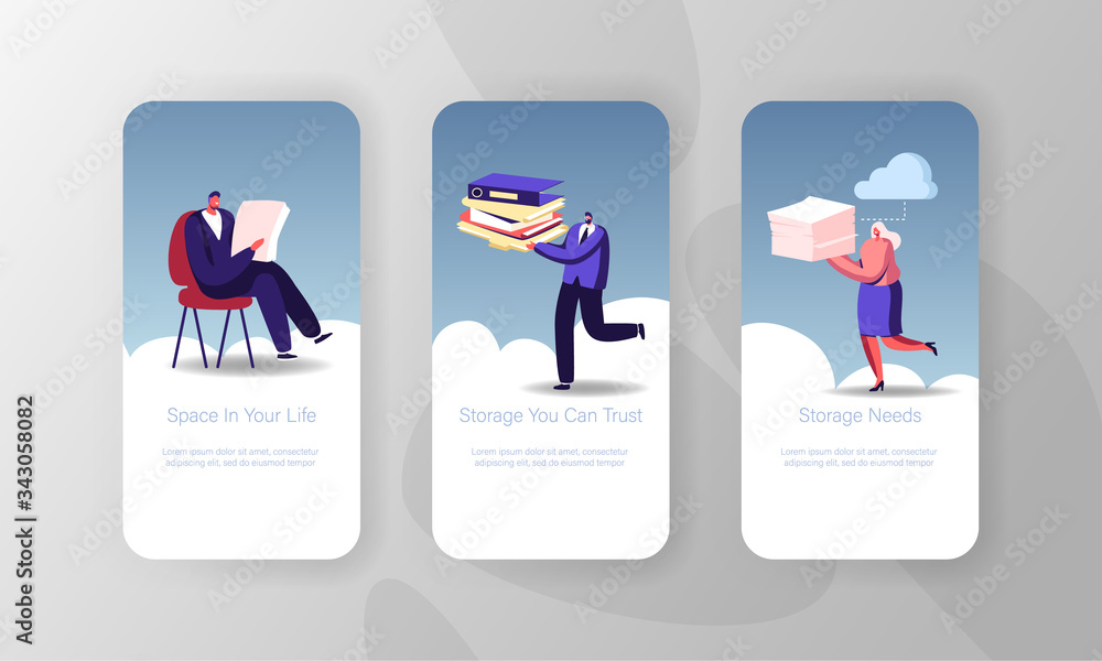 Poster virtual cloud storage service mobile app page onboard screen template. tiny people characters carry 