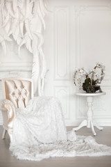 Modern armchair with fur before feathers wall in white interior.