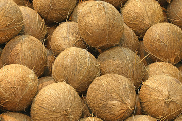 Coconuts at a farmers market. Full frame