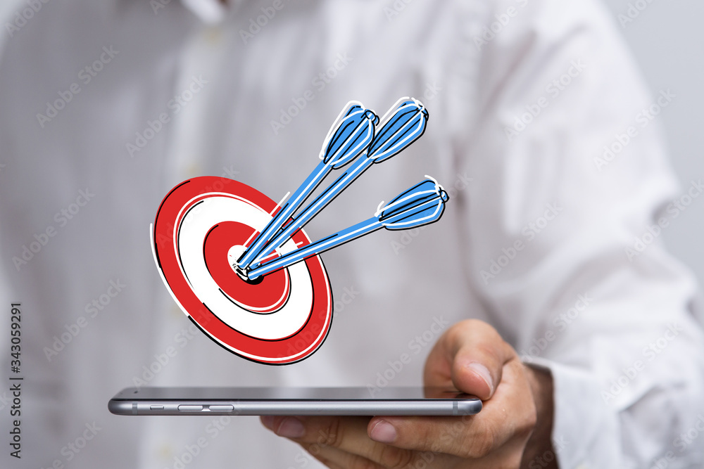 Poster  makes a dart throw on the target. The concept of persistence in business..