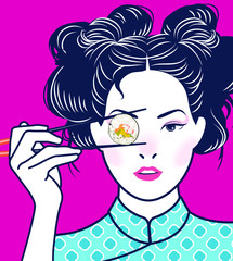 Retro Chinese Lady Holding Chopsticks. Vector, illustration