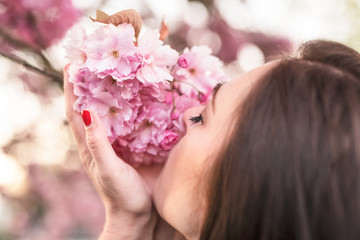Beautiful dark haired young woman smells awesome Irish cherry blossom flowers during her evening sunny spring walk.