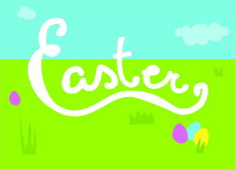 easter handwriting sign on spring background field ble sky easter eggs