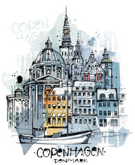 Handgezeichnete Kopenhagen Skizze auf einer Ebene reduziert
