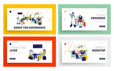 Fototapeta premium People in Business Lounge Landing Page Template Set. Characters Waiting Airplane Departure in Airport Sitting in Armchairs at Coffee Tables Chatting, Working on Laptops. Linear Vector Illustration