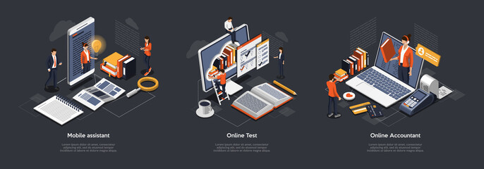 Isometric 3D Online Test, Accountant And Mobile Assistant. Customer Online Support, Testing And Education. Professional Specialists Offer Their Services Online And Remotely. Vector Illustrations Set