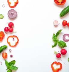 Cook frame with fresh vegetables on white background top view space for text