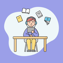 Concept Of E learning And Self Education. Young Man Educating Online. Male Character In Headphones Has An Online Remote Course Looking At Tablet. Cartoon Linear Outline Flat Style Vector Illustration