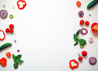 Cook frame with fresh vegetables on white background top view space for text