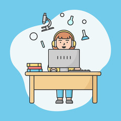 Concept Of E learning And Self Education. Young Woman Learns Remotely Use Laptop. Female Character Has An Online Remote Course Of Chemistry. Cartoon Linear Outline Flat Style. Vector Illustration