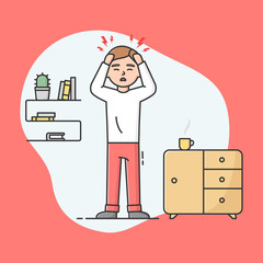 Concept Of Health Care, Virus Infections. Sick Male Cartoon Character Feels Acute Pain Of Head. Boy With Headache Is Standing Holding Head By Hands. Cartoon Linear Outline Style. Vector Illustration
