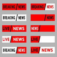Live news and breaking news banner interface, live stream inscription. Set of live and breaking news icon. Red and white set of media labels on grey background