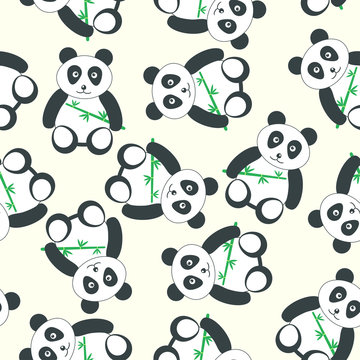 Seamless pattern with panda holding bamboo.