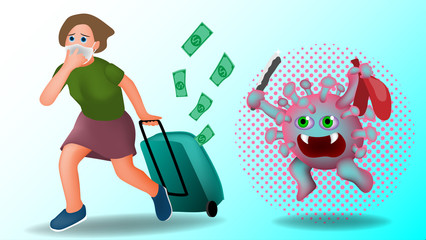 The cartoon illustration picture of a tourist woman running away from the Covid-19 virus monster. ( vector )