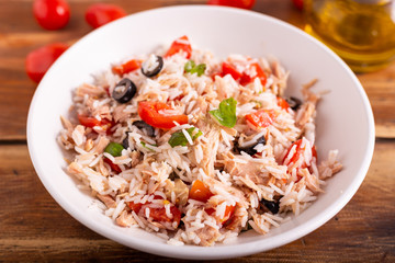 Typical summer dish, rice salad with tuna and tomatoes