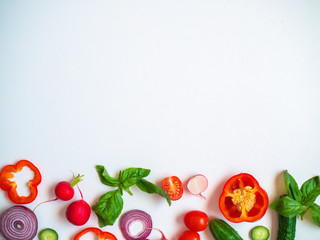 Cook frame with fresh vegetables on white background top view space for text