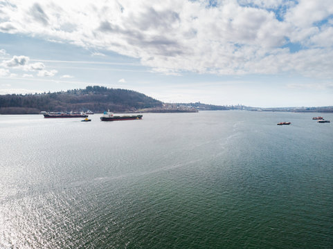 Aerial shot of a oil tanker in Burrard Inlet with near the Parkland refinery.