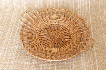 Wooden, straw, baskets, napkins, wicker patterns, handmade. top view isolate on over white background, close up. Decorative eco products.