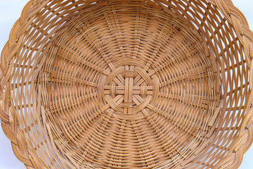 Wooden, straw, baskets, napkins, wicker patterns, handmade. top view isolate on over white background, close up. Decorative eco products.