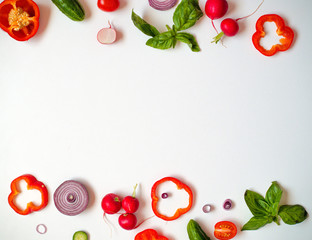 Cook frame with fresh vegetables on white background top view space for text