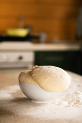 Fresh bread dough on white  kitchen table