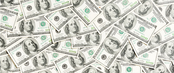 Top view of American money background. Pile of dollar cash. Paper banknotes concept