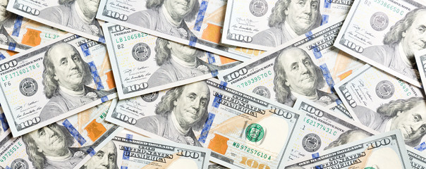 Top view of American money background. Pile of dollar cash. Paper banknotes concept