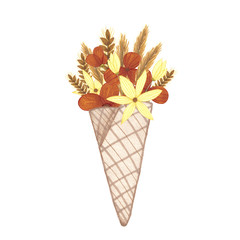Illustration of flowers in ice cream cone bakery logo isolated on white background for for invitations, greeting cards, business card