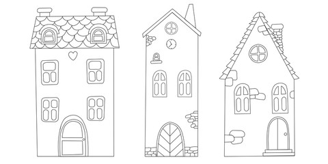 Set of line art houses Black graphic isolated elements for invitations, greeting cards, business card, for fabrics and paper