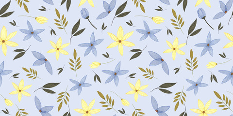Watercolor Seamless pattern with flowers and herbs in vintage style for fabrics, paper, isolated on white background for cute postcard, logo, for the design of a children`s room, for invitations