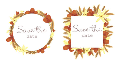 Watercolor set of autumn floral frames with red flowers and hay isolated on white background for fabrics, paper, for postcard, logo, for weddind invitations, greeting card, business card
