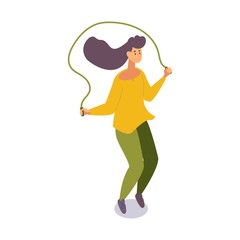Isometric woman training with jumping skipping rope.