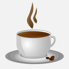 Realistic coffee cup with smoke and coffee beans on the ceramic plate. Mug isolated on white background. Vector