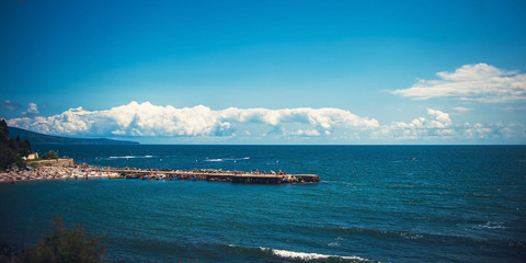 Amazing aerial panorama drone view of blue water sea in Nessebar, Bulgaria