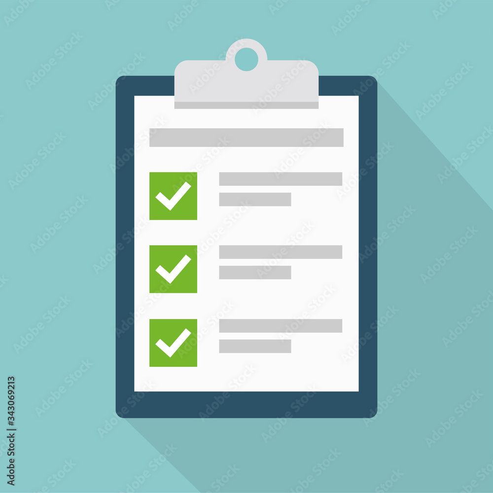 Poster clipboard with check list flat vector icon with long shadow. to-do list, survey, exam concepts. vect