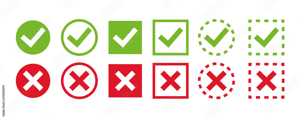 Poster set green check marks and red crosses of simple web buttons. circle and square. large collection of 