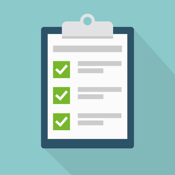 Clipboard with check list flat vector icon with long shadow. To-do list, survey, exam concepts. Vector illustration.