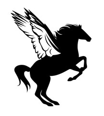mythical pegasus rearing up - side view winged horse black and white vector silhouette outline