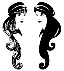 beautiful arabian or indian princess with long hair wearing turban - fairy tale beauty black and white vector portrait