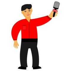Professional reporter with microphone takes interviews in live. Man with microphone in the hand. Creative Microphone and journalist in cartoon style