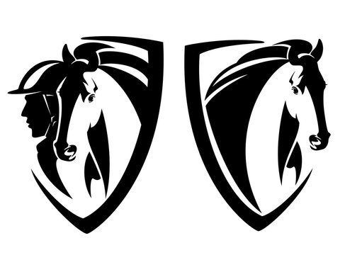 jockey rider and horse head in heraldic shield - equestrian sport black and white vector design set