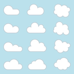 Set cloud vector icon. Flat of white clouds isolated on blue background. Vector illustration EPS 10.