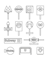 Metro signs in the cities of the world set.  Vector illustration isolated on white background.